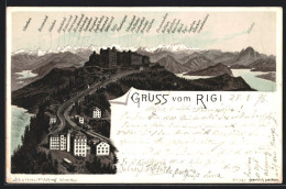 Lithographie Rigi, Rigi-Hotels Und Alpen-Panorama  - Autres & Non Classés