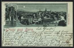 Mondschein-Lithographie Bern, Ortsansicht Und Denkmal Berchthold V. Zähringen  - Bern