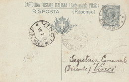 INTERO POSTALE RISPOSTA C.15 1920 TIMBRO VINCI FIRENZE CATANIA (YK1188 - Entiers Postaux