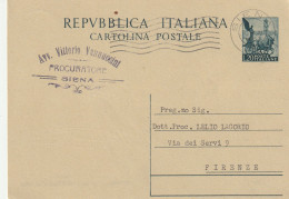 INTERO POSTALE 1952 L.20 QUADRIGA TIMBRO SIENA (YK1177 - Postwaardestukken