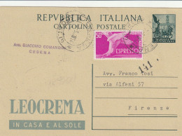 INTERO POSTALE 1954 L.20 QUDRIGA LEOCREMA +50 ESPR TIMBRO CESENA (YK1175 - Entiers Postaux