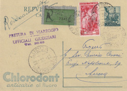 INTERO POSTALE ASSICURATO 1952 L.20 QUADRIGA+35 CHLORODONT TIMBRO LUCCA VIAREGGIO (YK1169 - Stamped Stationery