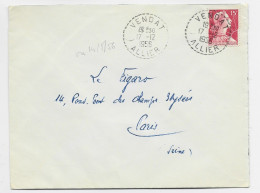 MULLER 15FR  LETTRE C. PERLE VENDAT 17.12.1956  ALLIER - Manual Postmarks