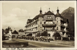 CPA Garmisch Partenkirchen In Oberbayern, Hotel Neuwerdenfels, Ausflugswagen, Autokolonne - Autres & Non Classés