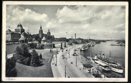 AK Stettin, Dampferanleger Mit Uferstrasse Und Historischen Gebäuden Aus Der Vogelschau  - Pommern