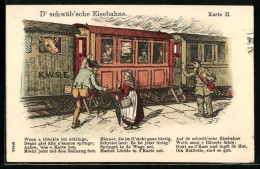 Lithographie D` Schwäb`sche Eise`bahne, Bauer Steigt In Die Eisenbahn Ein  - Trains