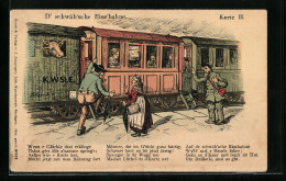 Lithographie D` Schwäb`sche Eise`bahne, Bauer Steigt In Die Eisenbahn Ein  - Treni