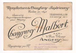 Carte De Visite Manufacture De Chaussures Malbert Angers Maine Et Loire Rue De Thiers Marionnet Nancy - Visiting Cards