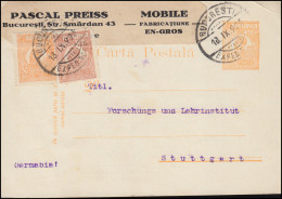 Rumänien Postkarte P 72 Mit Zusatzfranaktur BUKAREST 18.8.1926 Nach Stuttgart - Other & Unclassified