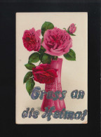 Rote Rosen In Vase, Gruss An Die Heimat Glitzer Schrift, Feldpost 21.8.1917 - Contre La Lumière