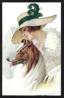 CPA Lévrier Chien Dog Femme Girl Women écrite Mode Chapeau - Chiens