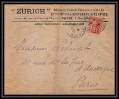 9303 Entete Assurances Zurich N°147 Semeuse Paris 1916 France Seul Sur Lettre Cover - 1921-1960: Période Moderne