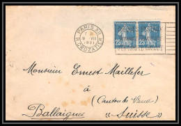 9658 N°140 Semeuse Paire Paris Cheques Postaux Ballaigues Suisse 1921 France Lettre Cover - 1921-1960: Modern Period