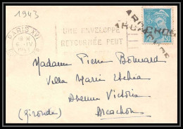 9513 N°549 Mercure Obliteration Arrivee Griffe En Croix Arcachon 1943 France Lettre Cover - 1921-1960: Période Moderne