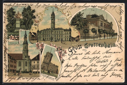 Lithographie Grossenhain / Sa., Rathaus, Post, Kupferbergturm  - Grossenhain