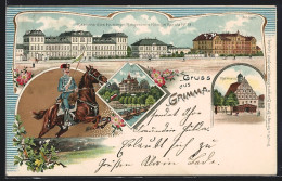 Lithographie Grimma, Kaserne Des Husaren-Regiments Königin Karola No. 19, Gatters-Burg, Rathaus  - Grimma