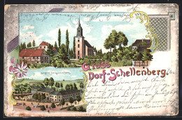 Lithographie Dorf-Schellenberg, Gasthof Dorfschellenberg Mit Strasse, Ortspartie Mit Kirche  - Sonstige & Ohne Zuordnung