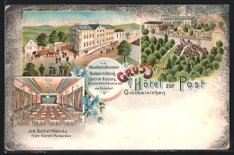 Lithographie Grünhainichen, Hotel Zur Post Mit Garten Und Strasse, Saal Mit Bühne  - Grünhain