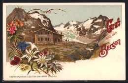 Lithographie Franz Senn-Hütte, Bergkulisse, Blumen  - Autres & Non Classés