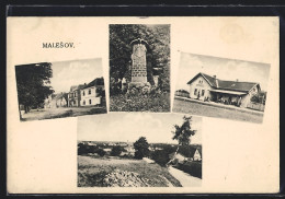 AK Malesov, Bahnhof, Kriegerdenkmal, Strassenpartie  - Repubblica Ceca
