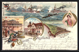 Lithographie Helgoland, Conversationshaus, Postgebäude, Frau In Tracht  - Helgoland