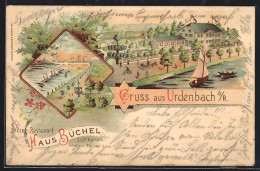 Lithographie Urdenbach A. R., Hotel-Restaurant Haus Büchel, Uferpartie  - Other & Unclassified