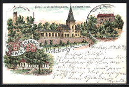 Lithographie Wittekindsberg /Porta, Hotel Zur Wittekindsburg H. Harmening, Gasthaus Zur Kapelle, Aussichtsturm  - Other & Unclassified