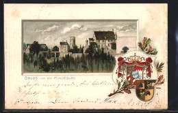 Passepartout-Lithographie Mindelburg, Ortsansicht, Wappen, Eichenlaub  - Autres & Non Classés