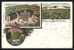 Lithographie Badenweiler, Gasthof Zur Sonne, Rheintalpanorama Und Vogesen, Schwanenteich Und Burgruine  - Badenweiler