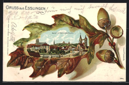 Passepartout-Lithographie Esslingen, Blick Vom Schelzthorthurm, Gerahmt Von Einem Geprägten Eichenblatt  - Altri & Non Classificati