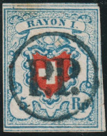 CH Rayon I Hellblau SBK#17II Stein B1 Ru Typ 3 Mit Ideal Geschlagenem Blauen PP Im Kreis (Eckbug) - 1843-1852 Poste Federali E Cantonali