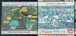 Stamp 3-14 - SERBIA 2021 - VIGNETTE + Stamp, Joy Of Europe, Children Painting, Peinture Moto, Motorbike Vespa - Serbie