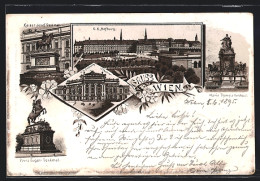 Vorläufer-Lithographie Wien, 1895, K. K. Hofburg, Kaiser Josef-Denkmal, Prinz Eugen-Denkmal  - Altri & Non Classificati