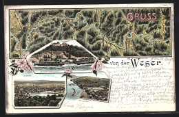 Lithographie Hameln, Totalansicht, Dampfer Fürst Bismarck, Weser Landkarte  - Hameln (Pyrmont)