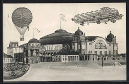 AK Frankfurt A. Main, Internationale Luftschiffahrt-Ausstellung 1909, Festhalle Mit Zeppelin Und Ballon  - Expositions