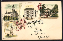 Lithographie Györ, Városház Nyugoti Oldala, Kismegyeri Emlék Szobor, Szent-Benedekrendi Fögymnasium  - Hongarije