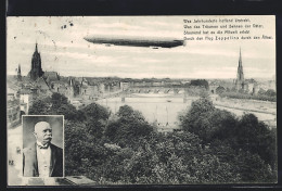 AK Frankfurt A. Main, Luftschiff Zeppelin Im Flug, Portrait Graf V. Zeppelin  - Luchtschepen