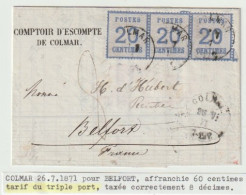 1318p - Mixte Tarif TRIPLE PORT 60 Ctes - COLMAR Pour BELFORT - Juillet 71 - 3 X 20 Ctes Alsace + Taxe 8 Décimes - - Guerre De 1870