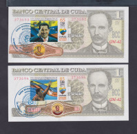 CUBA 1 PESO 2016 UNC DOS BILLETES CANCELADOS CONMEMORATIVOS Y CONSECUTIVOS HUGO CHAVEZ Y S.BOLIVAR - Cuba