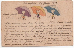 4V5Hy  Illustrateur à Identifier Fillettes Sous Coiffes à Identifier En File Sous Grands Parapluies - 1900-1949