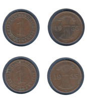 Allemagne, 1 Reichspfennig 1933 A + 1935 A, KM#37, Deutsches Reich, - 1 Renten- & 1 Reichspfennig