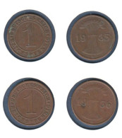 Allemagne, 1 Reichspfennig 1935 A + 1936 A, KM#37, Deutsches Reich, - 1 Rentenpfennig & 1 Reichspfennig