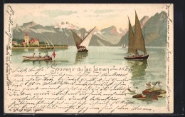 Lithographie Lac Léman, Ortspartie Am Wasser Mit Seegelbooten  - Other & Unclassified