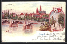 Lithographie Basel, Ortsansicht Mit Brücke, St. Jakob-Denkmal  - Bâle