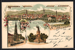 Lithographie Offenburg, Gesamtansicht, Kirche, Kriegerdenkmal  - Offenburg