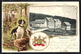 Passepartout-Lithographie Baiersbronn, Hotel Ruhestein Mit Strasse, Jagdhund Mit Geschossenem Reh, Präge-Wappen  - Other & Unclassified