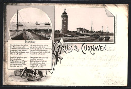 Lithographie Cuxhaven, Hafen Mit Leuchtturm, Deich, Anker Und Spruch Die Alte Liebe  - Cuxhaven