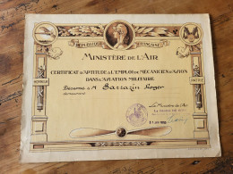 Ministère De L'Air - Certificat D'aptitude à L'emploi De Mécanicien D'avion Dans L'aviation Militaire - Diplomi E Pagelle