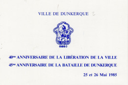 Dunkerque, Carte D'invitation Au Concert De Musique Militaire Du 40è Anniversaire Le La Libération De Dunkerque Et 45ème - Cartoncini Da Visita