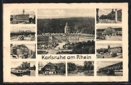 AK Karlsruhe Am Rhein, Schloss, Denkmal, Strassenpartie Mit Strassenbahn  - Karlsruhe